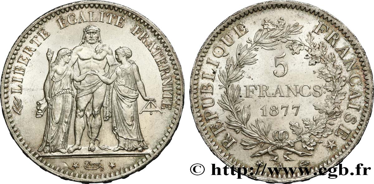 5 francs Hercule 1877 Paris F.334/19 SPL63 