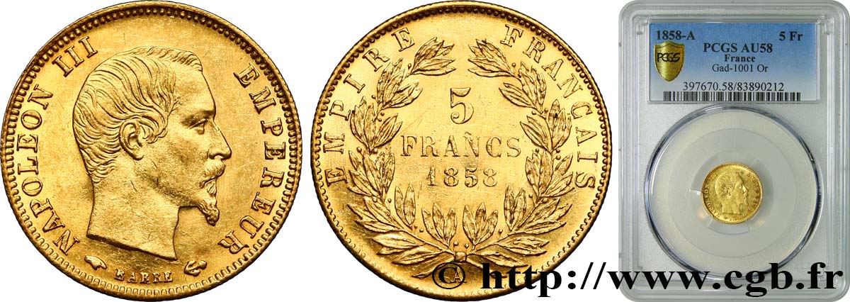 5 francs or Napoléon III, tête nue, grand module 1858 Paris F.501/5 VZ58 PCGS