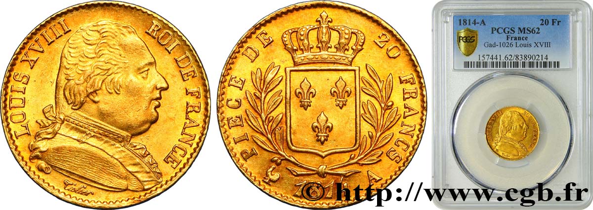 20 francs or Louis XVIII, buste habillé 1814 Paris F.517/1 SPL62 PCGS