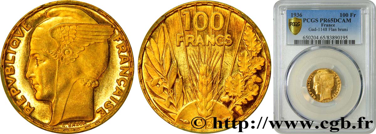100 francs or, Bazor, flan bruni 1936  F.554/8 var. MS65 PCGS