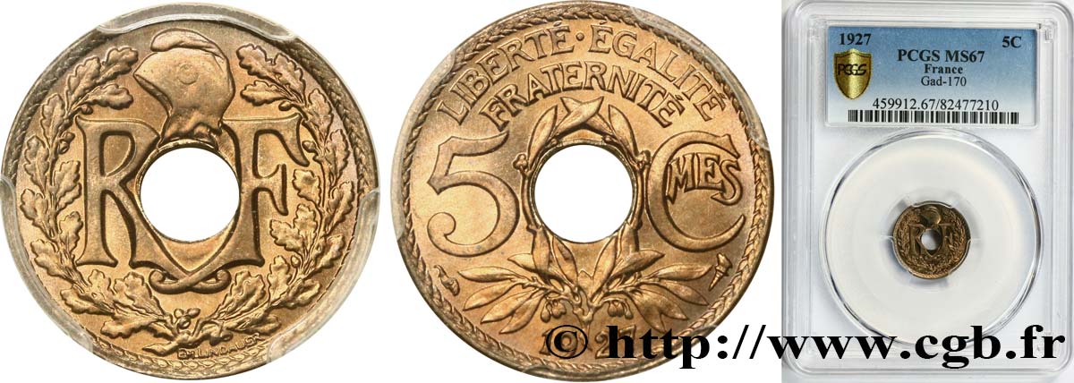 5 centimes Lindauer, petit module 1927  F.122/12 ST67 PCGS
