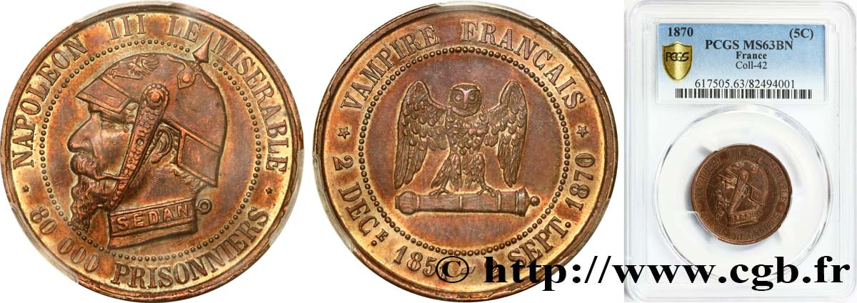 Monnaie satirique Br 27, module de 5 centimes 1870  Coll.42  MS63 PCGS