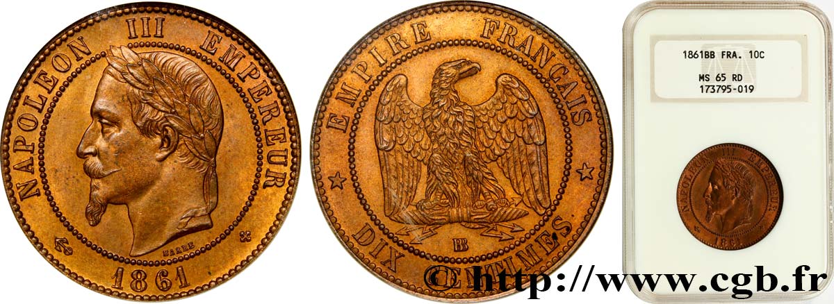 Dix centimes Napoléon III, tête laurée 1861 Strasbourg F.134/5 ST65 NGC