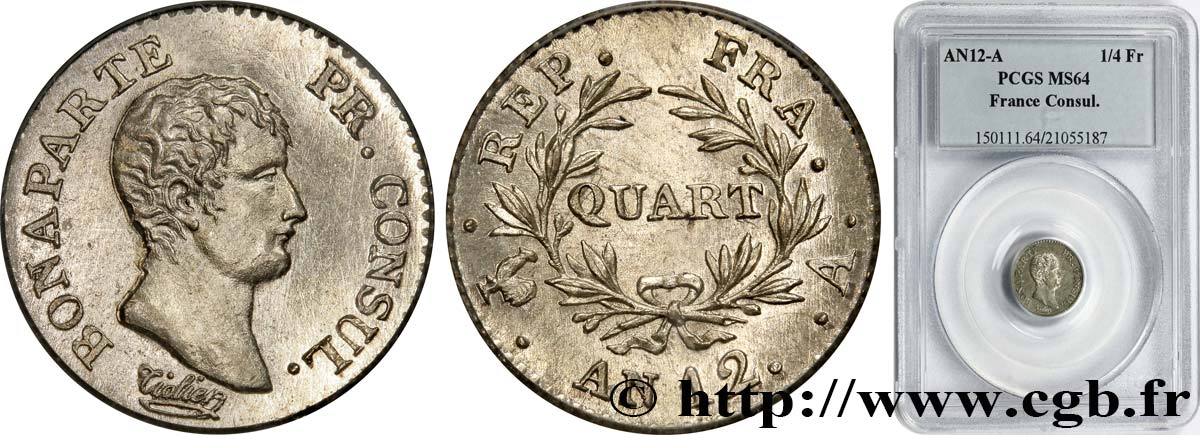 Quart (de franc) Bonaparte Premier Consul 1804 Paris F.157/1 SC64 PCGS