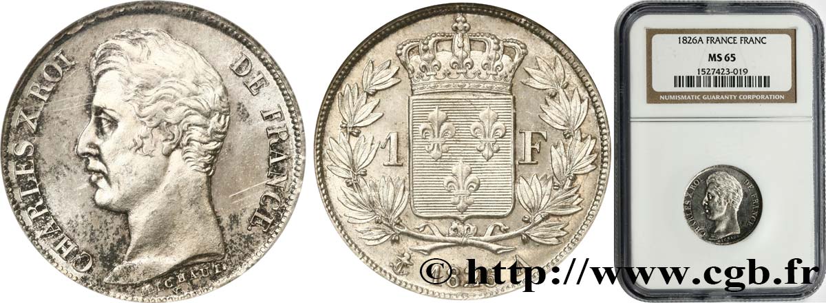 1 franc Charles X, matrice du revers à cinq feuilles 1826 Paris F.207/13 ST65 NGC