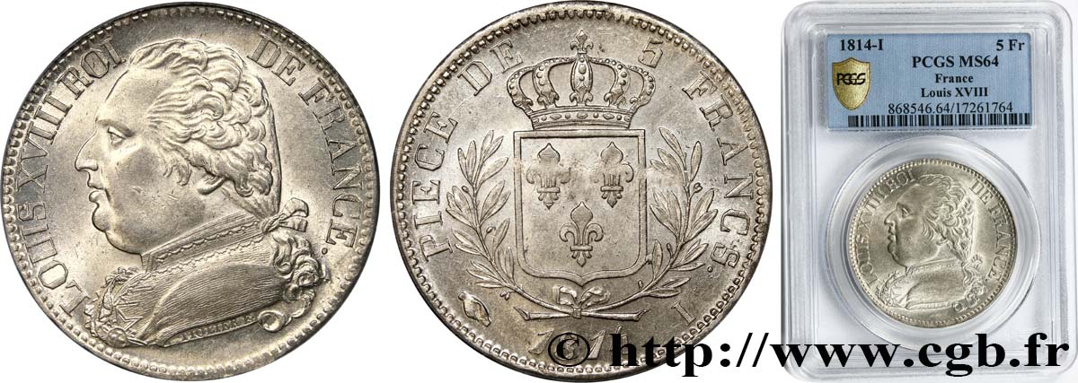5 francs Louis XVIII, buste habillé 1814 Limoges F.308/6 MS64 PCGS