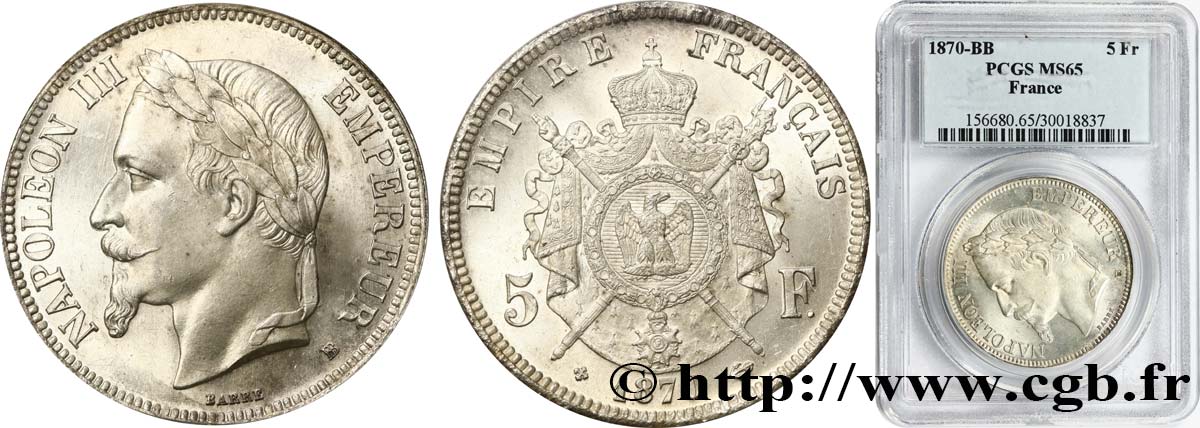 5 francs Napoléon III, tête laurée 1870 Strasbourg F.331/17 MS65 PCGS