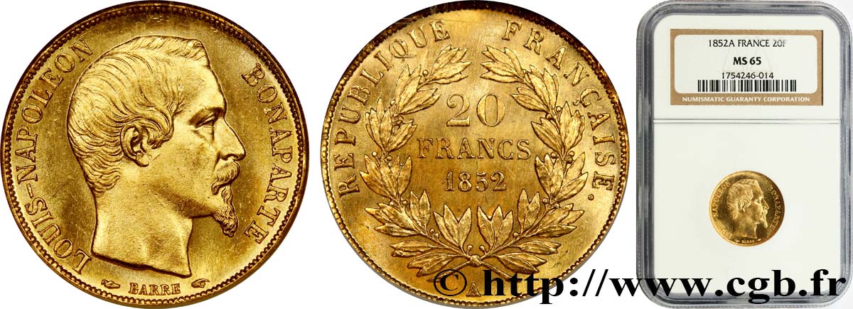 20 francs or Louis-Napoléon 1852 Paris F.530/1 MS65 NGC
