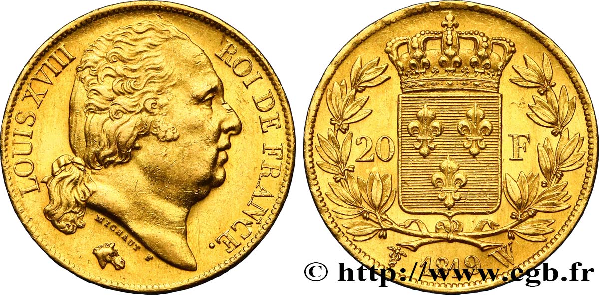 20 francs or Louis XVIII, tête nue 1819 Lille F.519/18 SUP60 