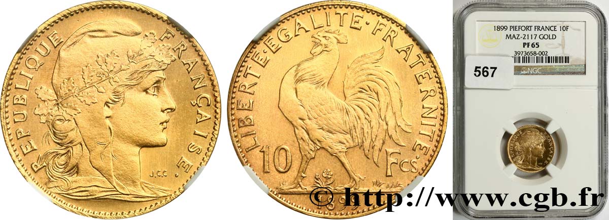 Essai - Piéfort de 10 francs Coq, Flan Bruni 1899 Paris GEM.275 EP2 MS65 NGC