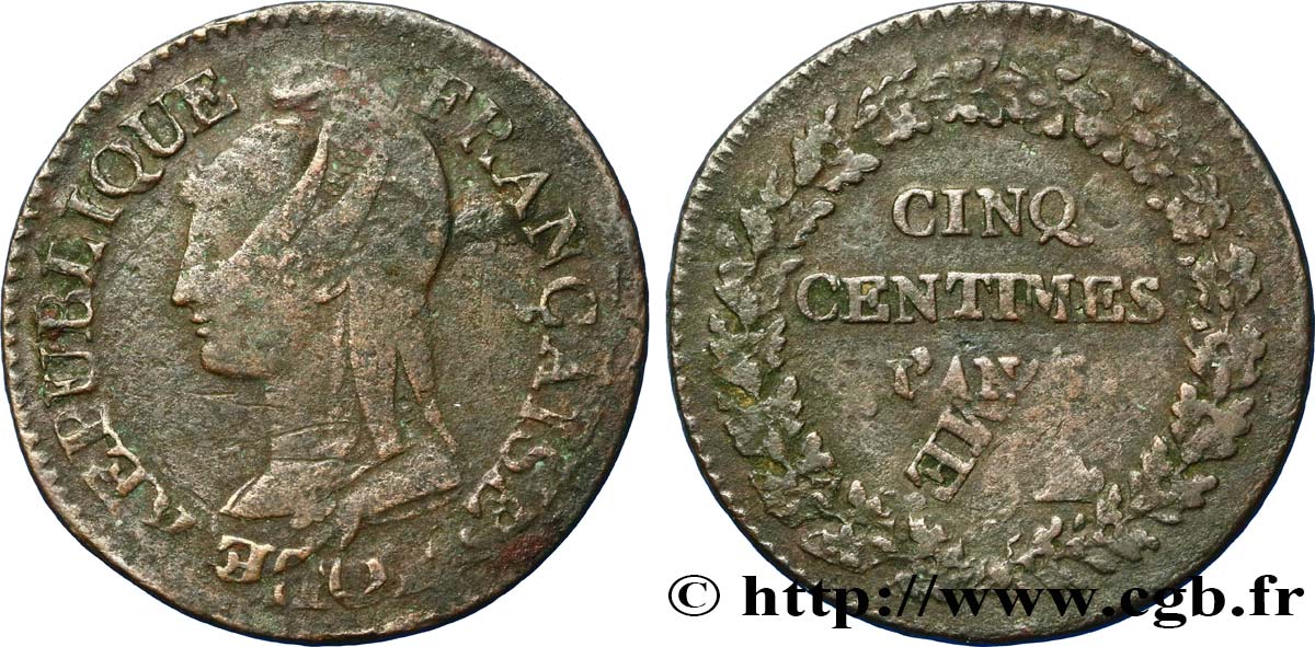 Cinq centimes Dupré, grand module,  refrappage  du décime 1797 Lyon F.114/7 TB25 