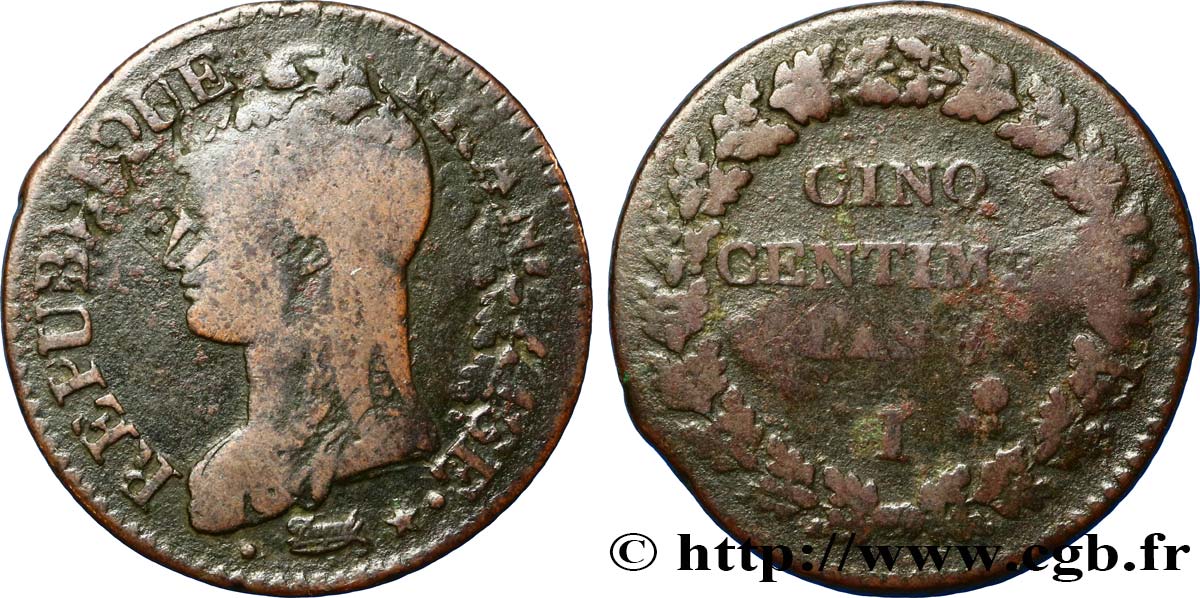 Cinq centimes Dupré, grand module,  refrappage  du décime 1797 Limoges F.114/7 F15 