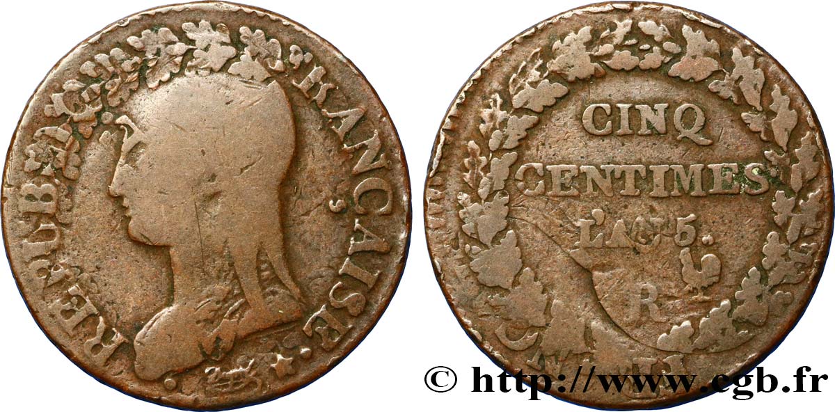 Cinq centimes Dupré, grand module,  refrappage  du décime 1797 Orléans F.114/10 BC15 