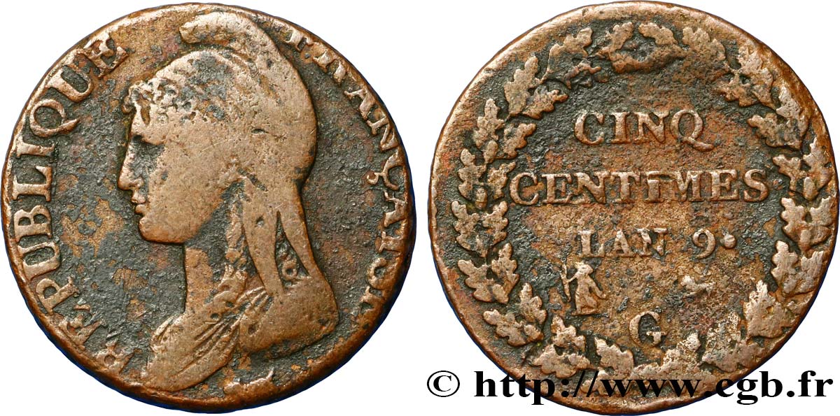 Cinq centimes Dupré, grand module, avers du décime 1801 Genève F.115/159 TB20 