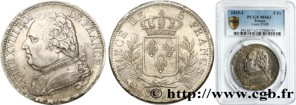 5 francs Louis XVIII, buste habillé 1815 Limoges F.308/21 SPL63 PCGS