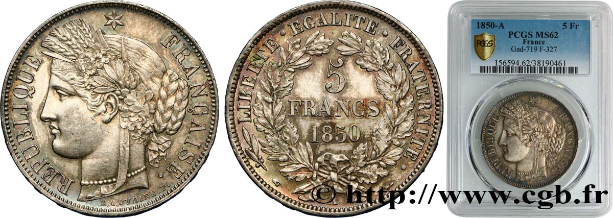 5 francs Cérès, IIe République 1850 Paris F.327/4 EBC62 PCGS