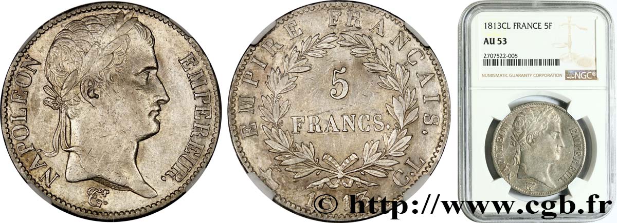 5 francs Napoléon Empereur, Empire français 1813 Gênes F.307/61 TTB53 NGC