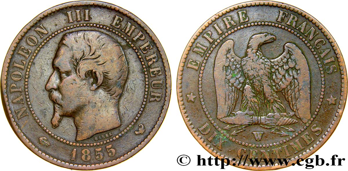 Dix centimes Napoléon III, tête nue, différent ancre 1855 Lille F.133/33 TB30 