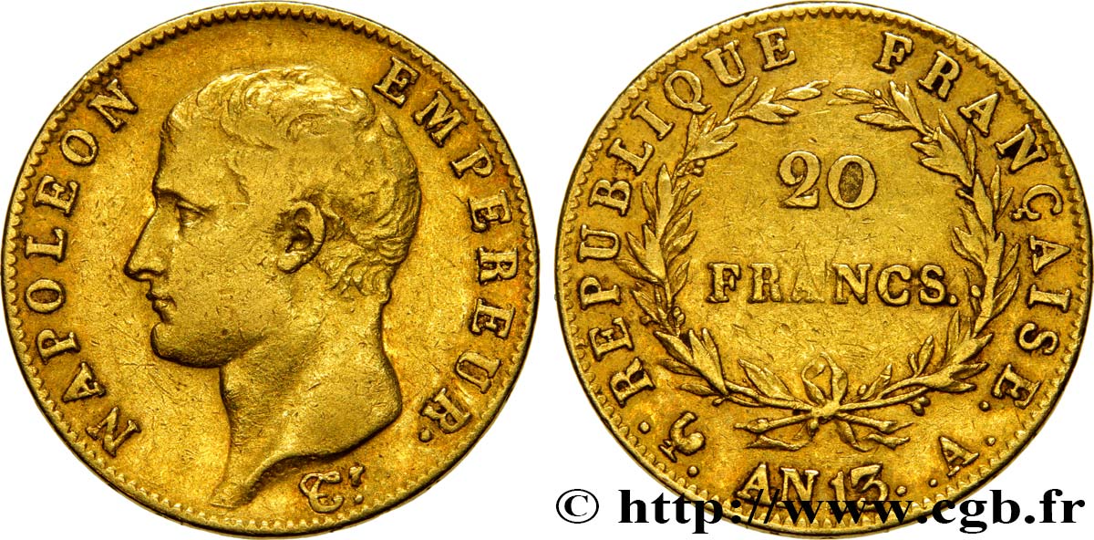 20 francs or Napoléon tête nue, Calendrier révolutionnaire 1805 Paris F.512/1 XF40 