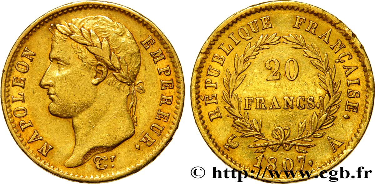 20 francs or Napoléon tête laurée, République française 1807 Paris F.515/1 TTB50 