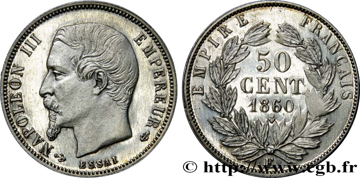ESSAI 50 centimes Napoléon III, tête nue, tranche lisse 1860 Paris VG.3557  MS65 