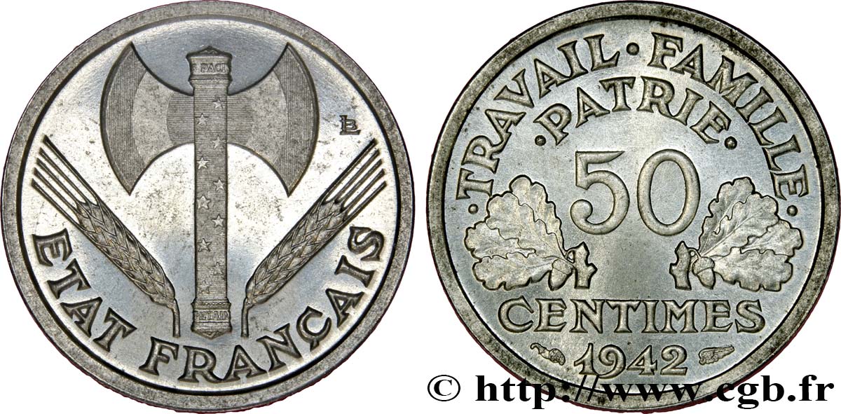 50 centimes Francisque, lourde, frappe courante, premiers exemplaires avec les Croix 1942 Paris F.195/2 MS67 