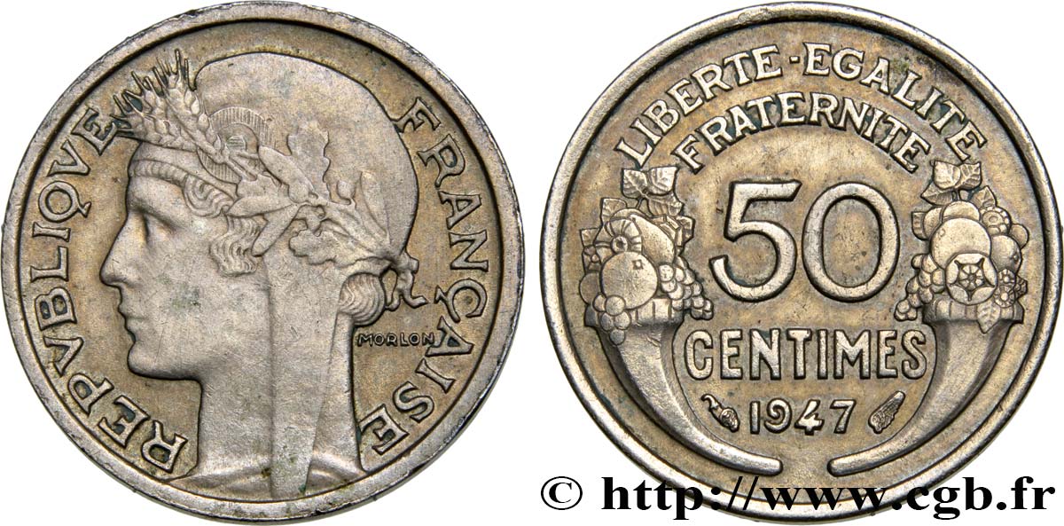 50 centimes Morlon, variété de métal ou essai indéterminé 1947  F.192/19 var. MBC 