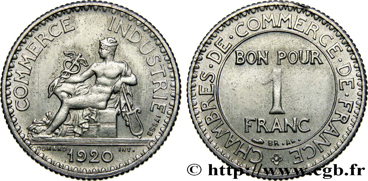 Essai de 1 franc Chambres de Commerce en maillechort 1920 Paris GEM.95 9 SPL60 