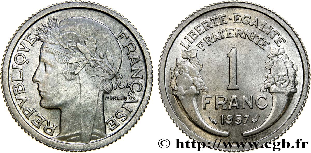 Épreuve de 1 franc Morlon, légère, tranche cannelée 1957  GEM.102 5 MS62 