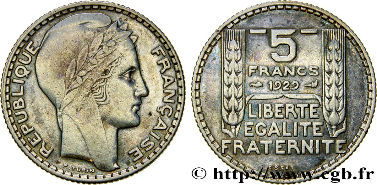 Essai en Bronze-Nickel de 5 francs Turin 1929 Paris GEM.140 3 TTB+ 