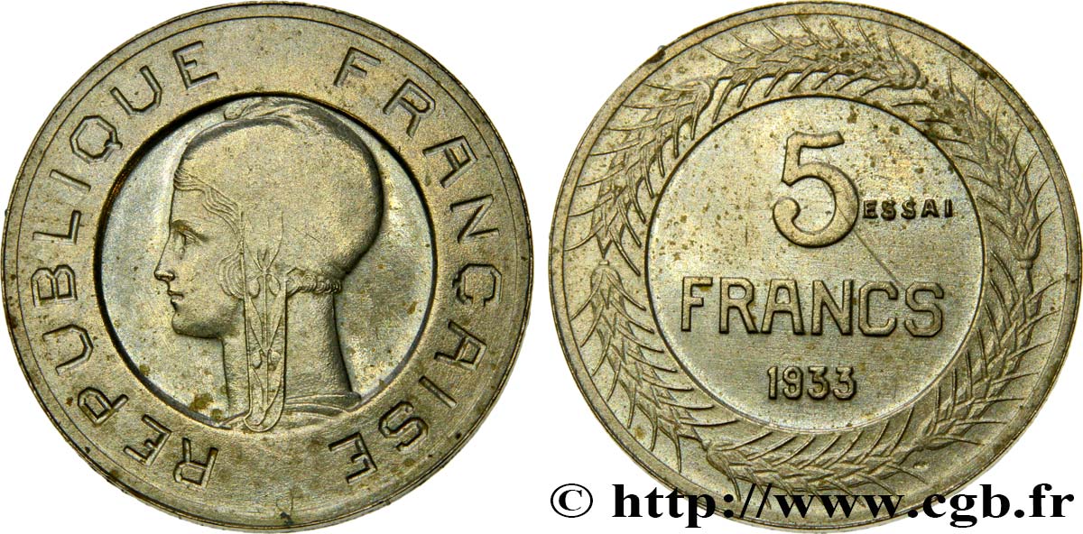 Concours de 5 francs, essai de Cochet, petit module 1933 Paris GEM.135 5 SPL62 