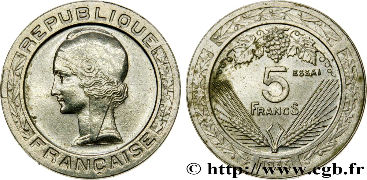 Concours de 5 francs, essai de Vézien, petit module, en maillechort 1933 Paris GEM.139 5 SPL+ 