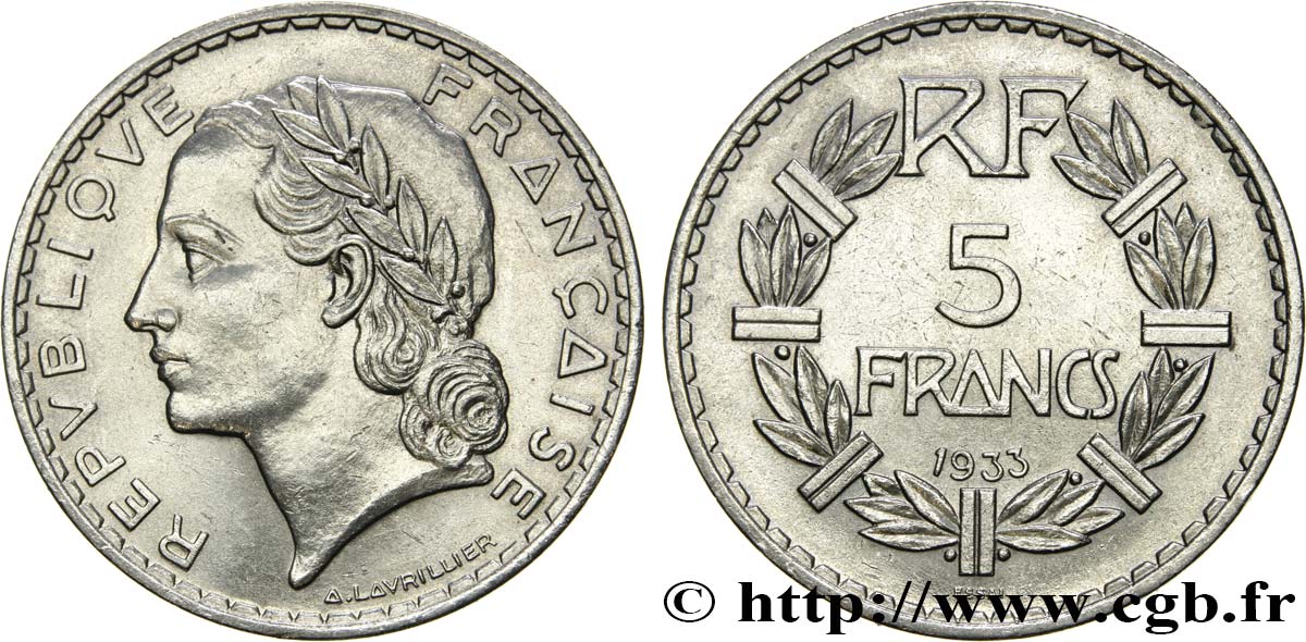 Concours de 5 francs, essai de Lavrillier en nickel, sans différents 1933 Paris GEM.137 8 VZ62 