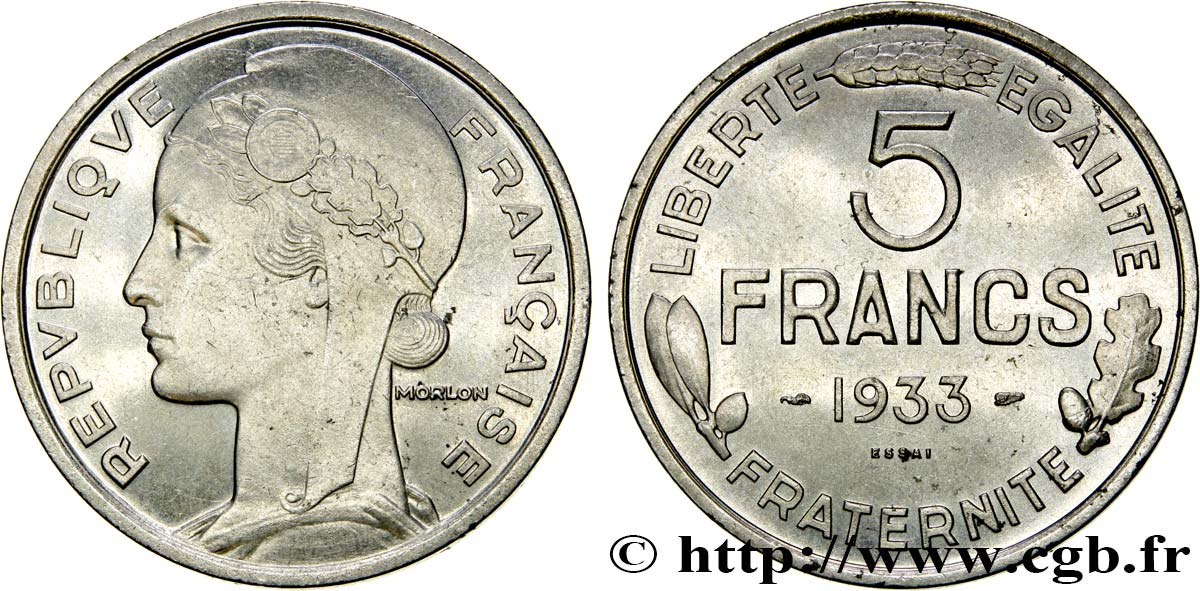 Concours de 5 francs, essai de Morlon en nickel 1933 Paris GEM.138 1 EBC60 