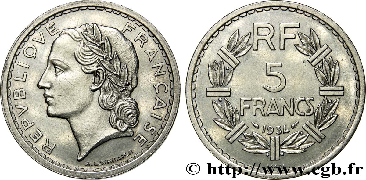 Essai de 5 Francs Lavrillier, en nickel 1934 Paris F.336/3 MS63 