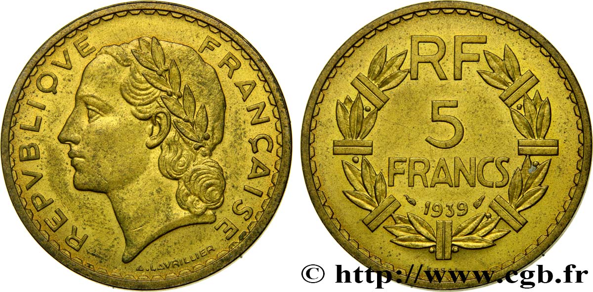 Essai de 5 francs Lavrillier, cupro-aluminium 1939 Paris F.337/2 SPL62 