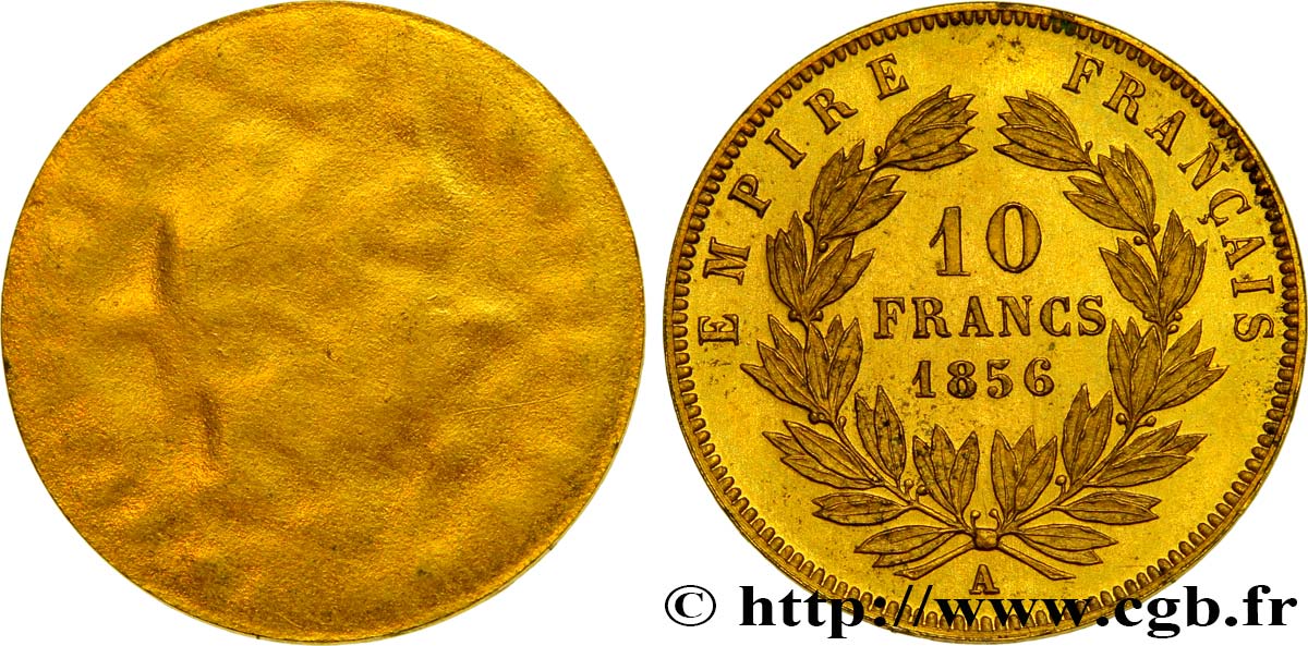 Essai Uniface de 10 francs or Napoléon III, tête nue, en Bronze doré 1856 Paris VG.3465  SPL63 