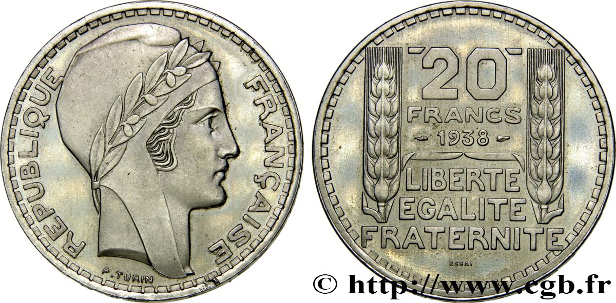 Essai de 20 francs Turin, tranche inscrite 1938  GEM.200 5 MS64 