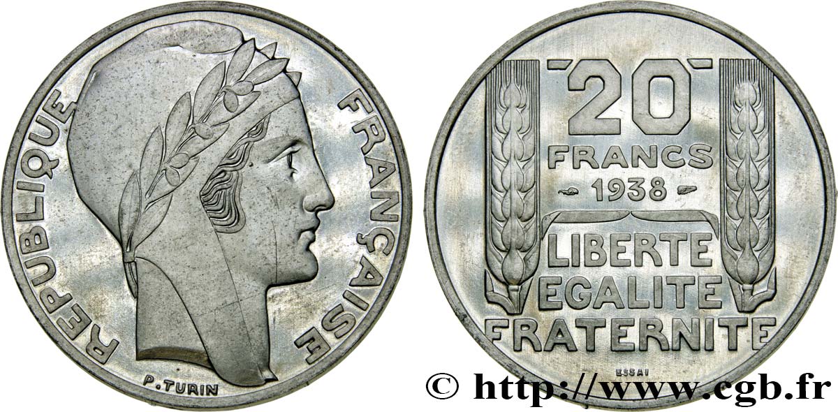 Préparation de la 20 francs Pétain, type Turin, en aluminium, tranche lisse, 5 g - Essai 1938 Paris GEM.200  7 MS65 