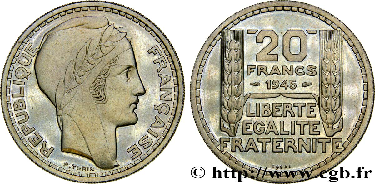 Essai de 20 francs Turin en cupro-nickel 1945 Paris GEM.206 1 ST65 