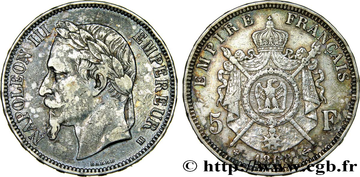 5 francs Napoléon III, tête laurée 1868 Strasbourg F.331/13 VF30 