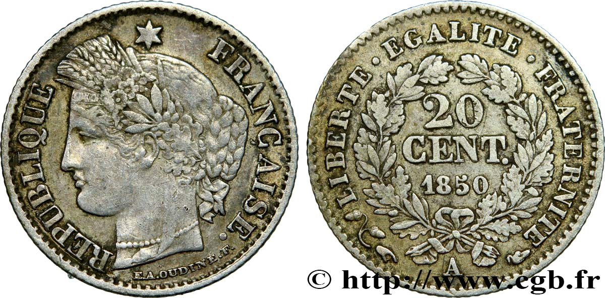 20 centimes Cérès, IIe République 1850 Paris F.146/3 VF25 