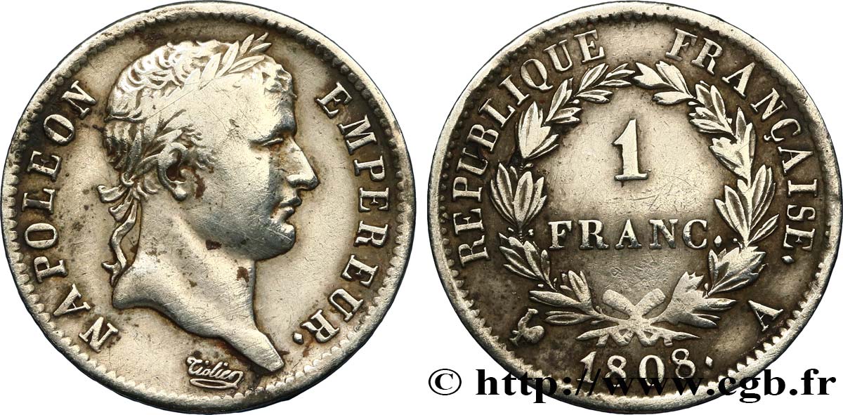 1 franc Napoléon Ier tête laurée, République française 1808 Paris F.204/2 fSS 