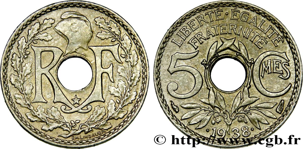 5 centimes Lindauer, maillechort, avec étoile 1938  F.123/1 BB50 