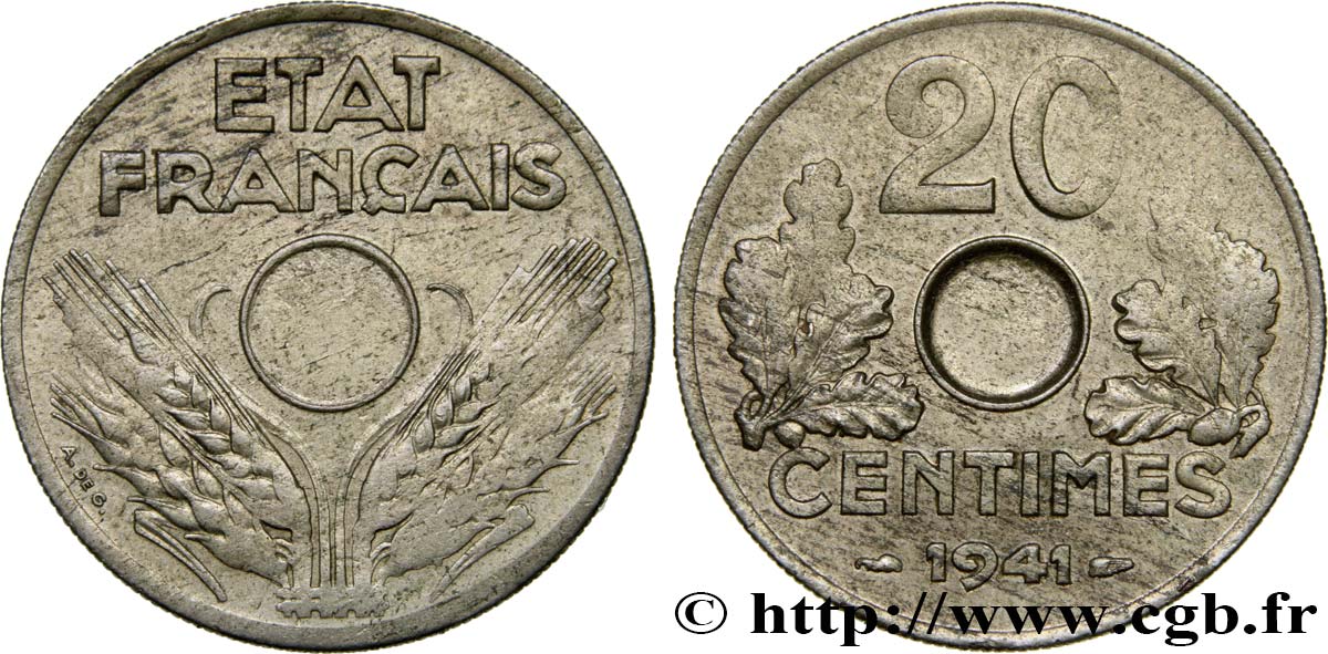 Épreuve en Bronze-Nickel de 20 centimes, non perforée 1941  GEM.52 3 SUP 