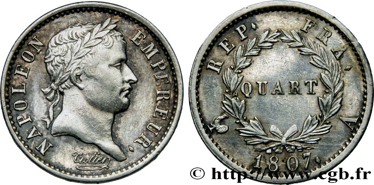 Quart (de franc) Napoléon Ier tête laurée, république française 1807 Paris F.161/1 EBC55 