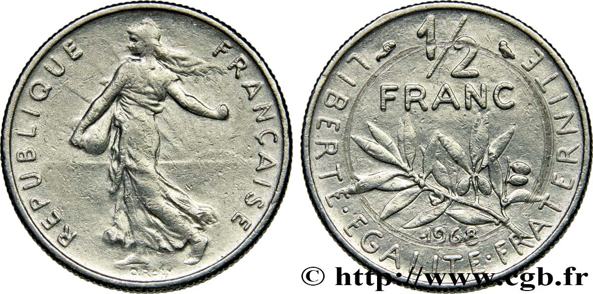 1/2 franc Semeuse, Frappe MÉDAILLE 1968 Paris F.198/7 var. TB35 