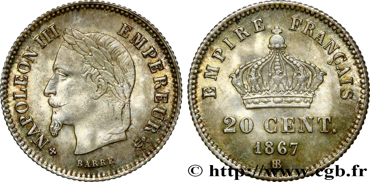 20 centimes Napoléon III, tête laurée, grand module 1867 Strasbourg F.150/2 AU58 