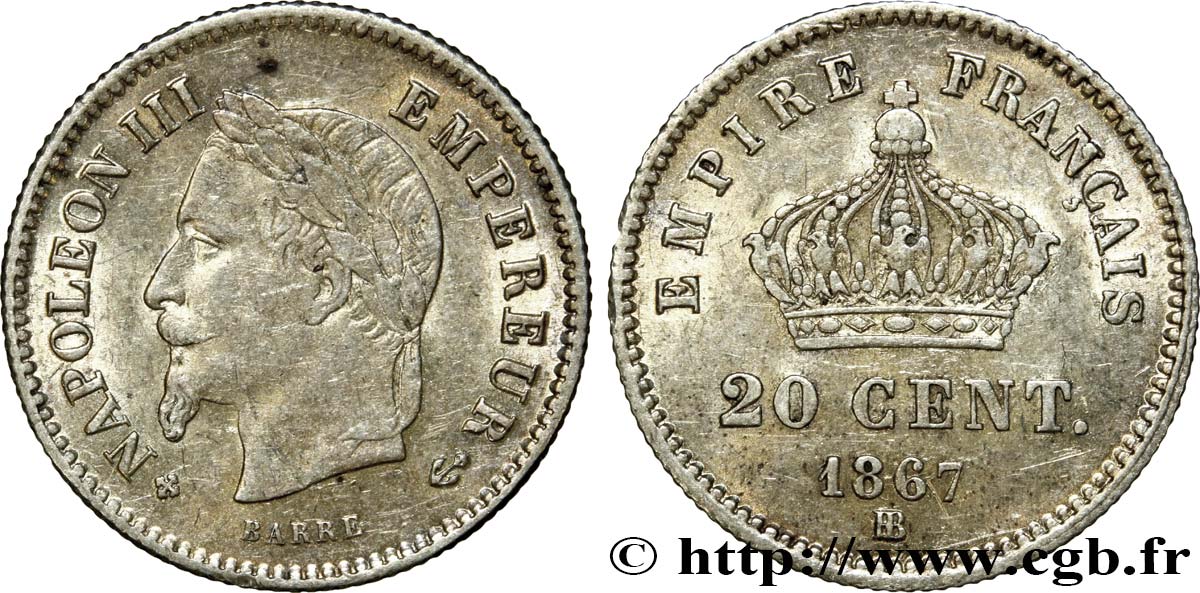 20 centimes Napoléon III, tête laurée, grand module 1867 Strasbourg F.150/2 EBC60 