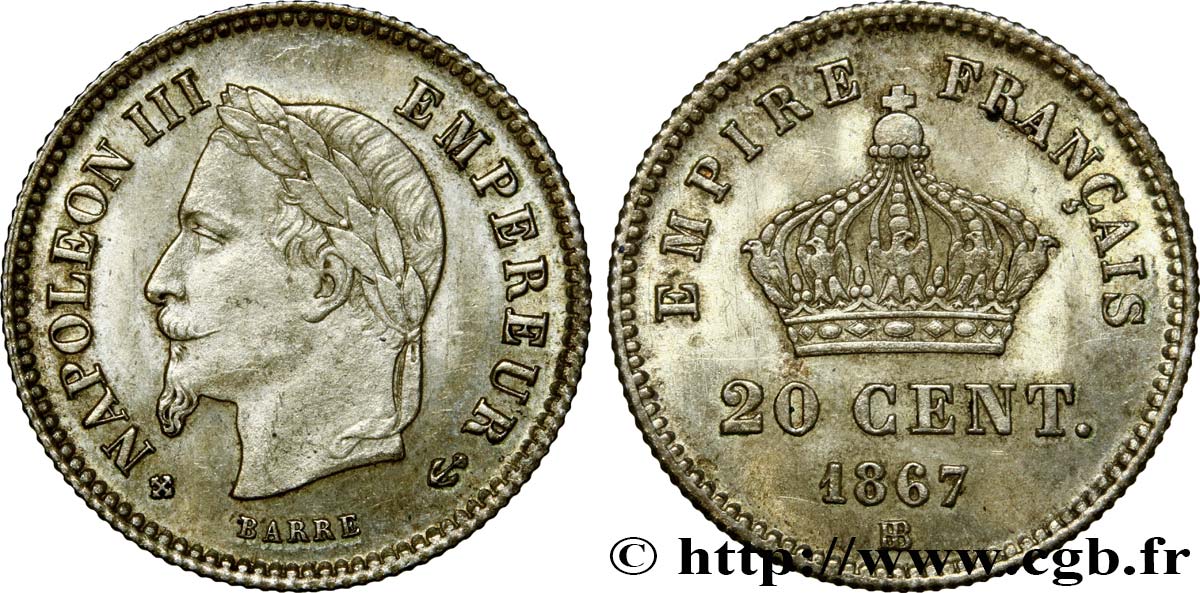 20 centimes Napoléon III, tête laurée, grand module 1867 Strasbourg F.150/2 SUP62 